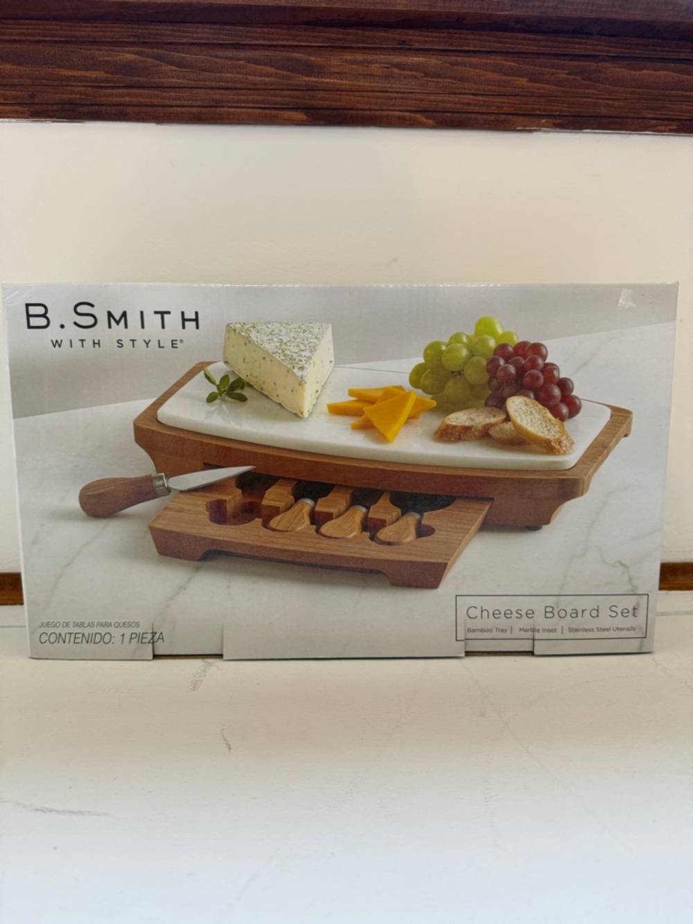 B SMITH Cheese Board with White Marble Top and Natural Bamboo with Utensils